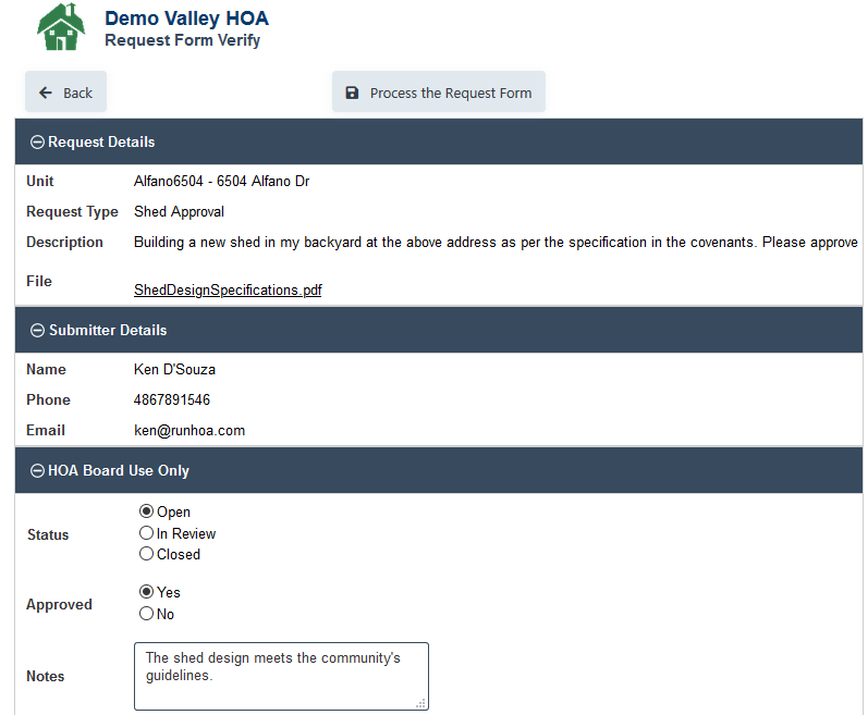 RunHOA HOA Request Form Approved