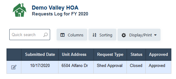 RunHOA HOA Request Log with updated status