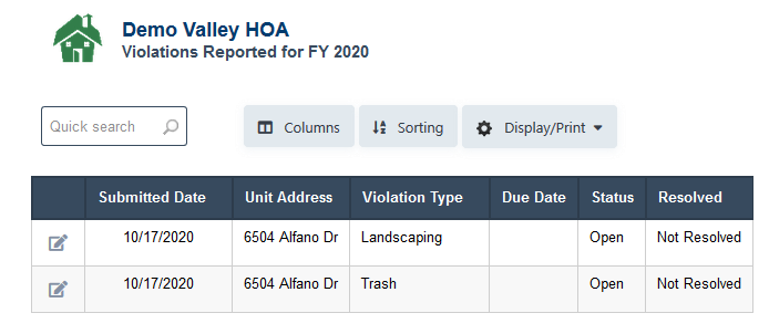 HOA Violations Log