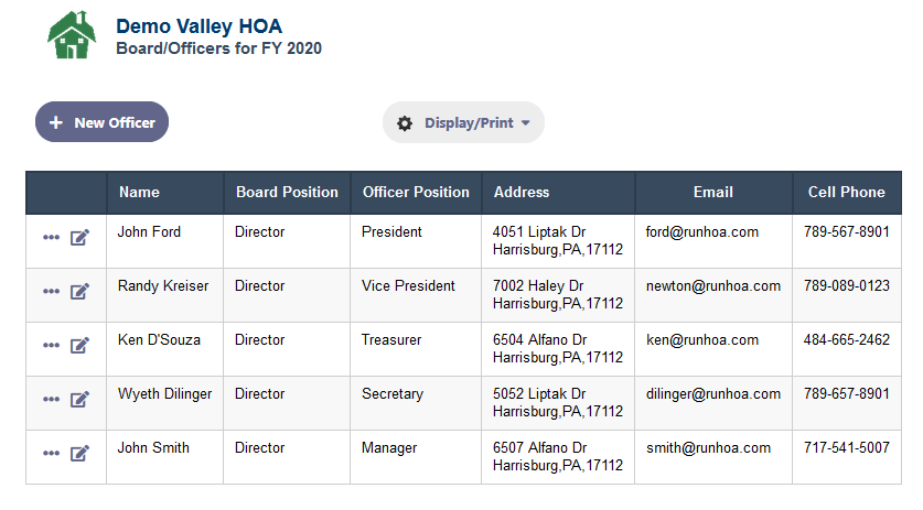 Keeping a list of the HOA Board of Directos/Officers in RunHOA