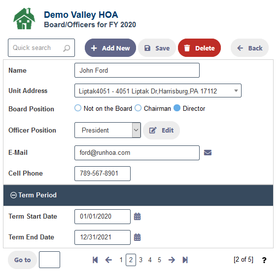 Keeping a list of the HOA Board of Directos/Officers in RunHOA