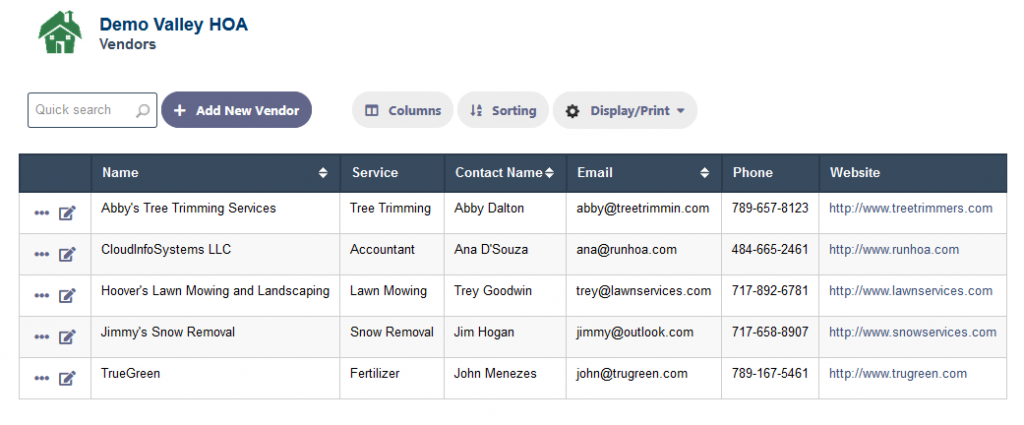 Keeping a list of HOA Vendors in RunHOA