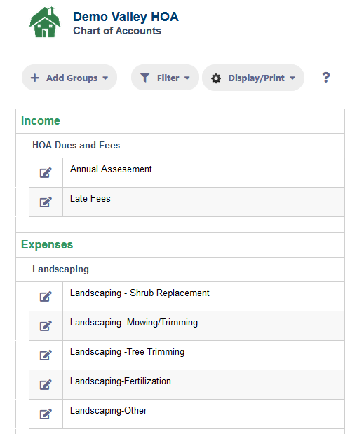 RunHOA Financials - Chart of Accounts
