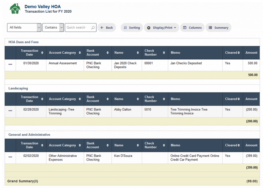 RunHOA Financials - Transaction Report