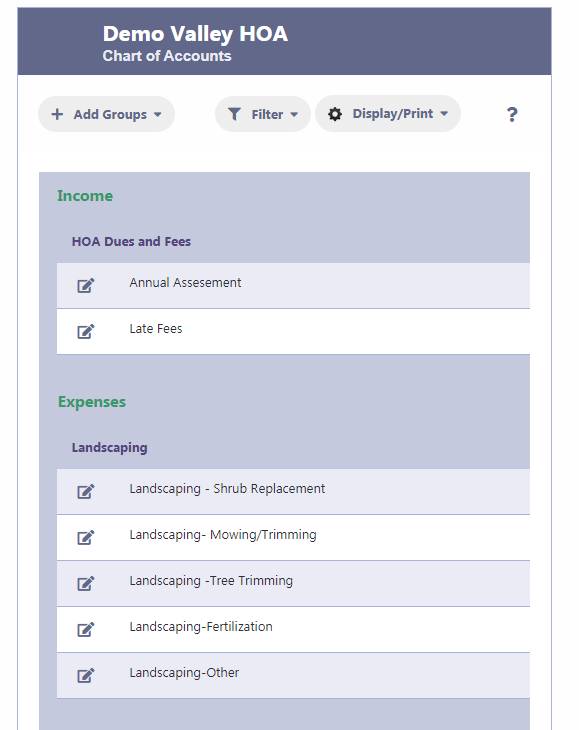 HOA Chart of Accounts