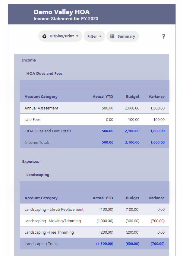 HOA Income Statement