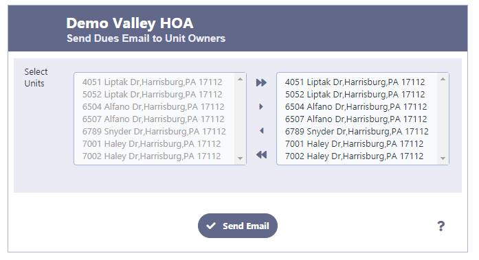 Send Email about HOA dues to HOA Units