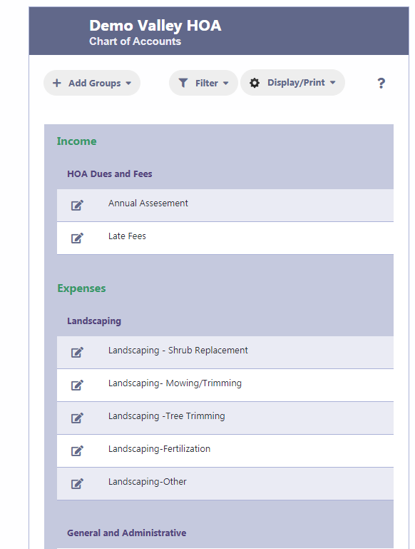 HOA Chart of Accounts